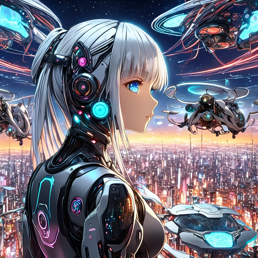 (highest quality、masterpiece、High resolution、detailed)、{(very beautiful girl:1.5),(Cyberpunk attire:1.5)}、web,Sdxl,robot、、(Virtual space:1.3),、artificial intelligence（AI）、(Japan in a new era:1.4)、(drone),VR,AR,clone,biotechnology,
(Smart)・(Flying Car:1.2),((Symbiosis between humans and machines)),（cyborg）, colorful、blue eyes、silver hair、detailed顔、detailed体、(beautiful anime)、非常にdetailed自然風景、 8k resolution  、dynamic angle、anime style