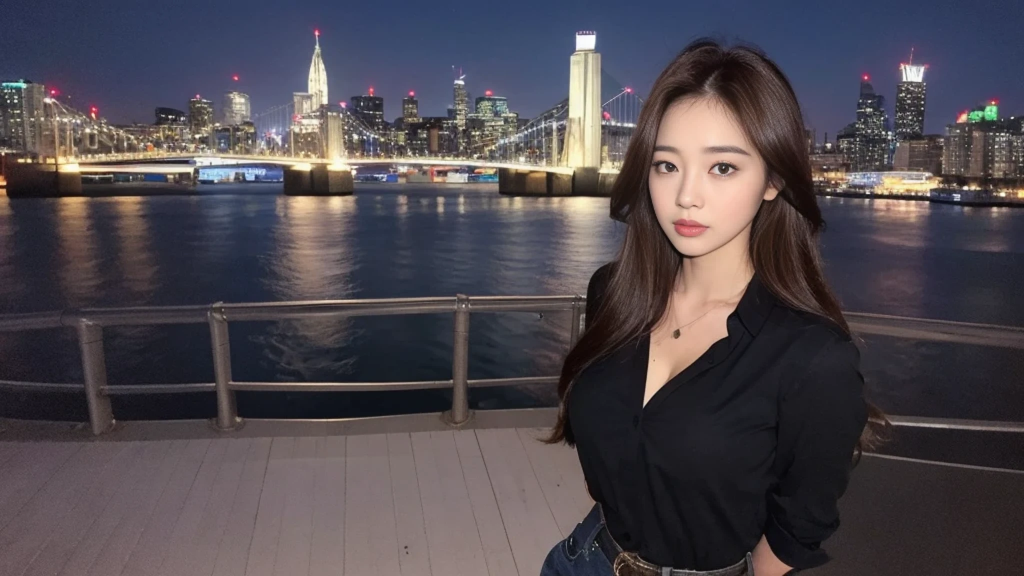 ((midnight, need, 8K, masterpiece:1.3)), whole body, long legs, focus:1.2, Beautiful woman with perfect body:1.4, slim abs:1.1, ((Dark brown hair, big breasts:1.2 )), (shirt, stand:1.2), ((city night view, on the bridge:1.3)), Highly detailed facial and skin textures, delicate eyes, double eyelids（（（Put your hands in your pockets）））