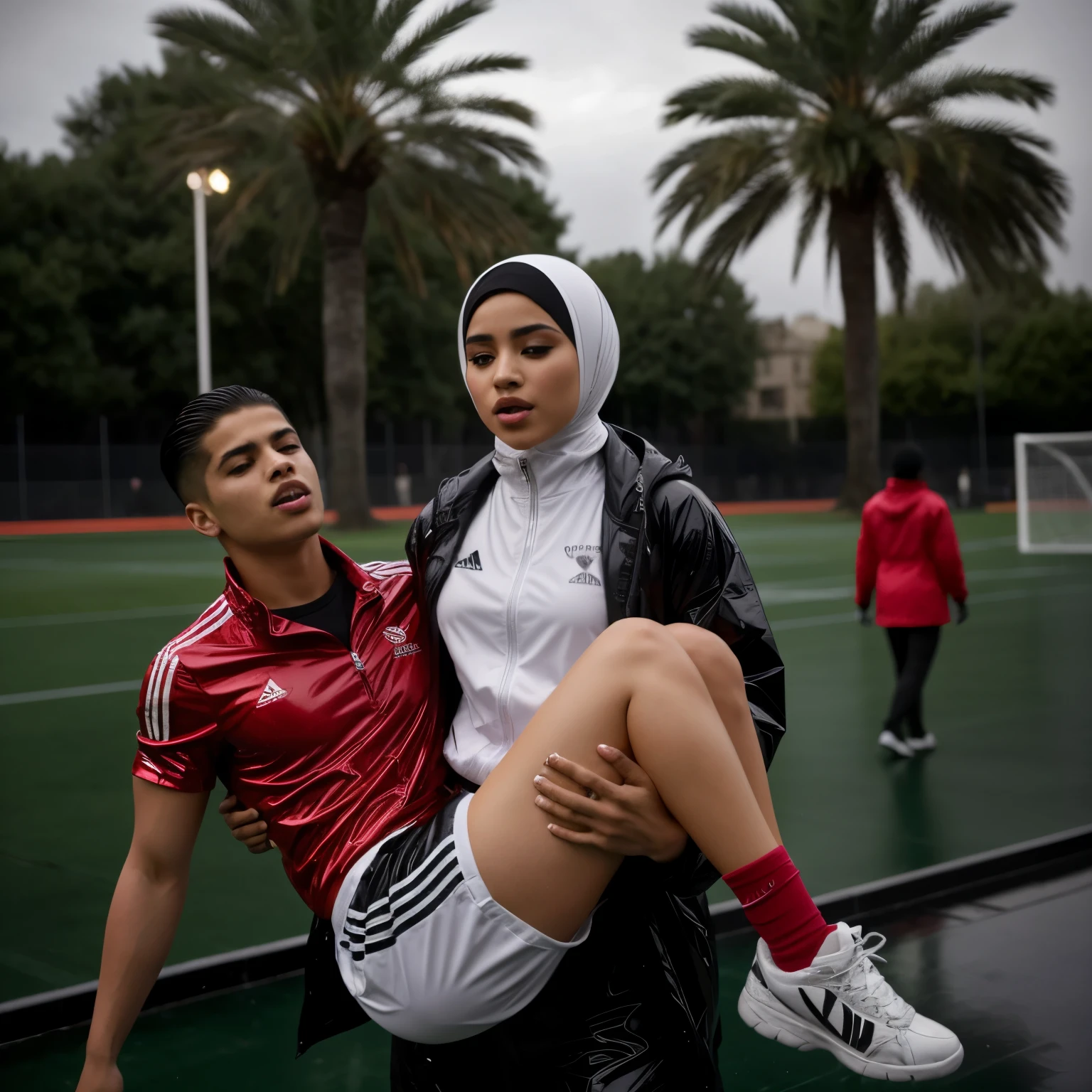 a desparated arab muslim hijabi-girl is standing in a laquered and very shiny quilted coat and carries a man in matte sportswear in her arms, a shouting arab muslim-woman carries a man in dull sportswear, a woman carries in her arms a male soccer player in cotton sportswear, rainy weather, rainfall, humid, girl carries guy, lift and carry, an excessively madeup arab veiled girl in a high-shine wet black latex downcoat, a soccer scene, a soccer injury, first aid carry at a soccer match, a young madeup latino-girl in a shiny black vinyl downjacket, a madeup arab girl in a shiny plastic-downcoat, a very sad and desperately crying latino-girl, an intensely madeup latino-girl in a glossy black vinyl-downcoat, latino-girl with lipstick, muslima-girl with smoky eyes, dramatic action pose, woman that is carrying a skinny shorthaired man, there is a beautiful woman in a shiny coat who is carrying a shorthaired blond man in her arms, a longhaired beautiful woman in a high-shine black puffy coat, a longhaired woman in a shiny downcoat, a woman is carrying a shorthaired man who is wearing black shorts, a weak shorthaired man in black shorts is consciousless and needs to be carried, a shorthaired man with closed eyes is carried in the arms of a longhaired latino-woman, a latino-woman looks very scared and terrified, a consciousless shorthaired man with closed eyes is suffering very much and has a very painful face, photo, photo shoot, photographed, arafed man being carried by a woman, very realistic, very very realistic, hyper-realistic, hyper - realistic, hyper realistic, jacket over bare torso, very disturbing, very hyperrealistic, super realistic, hyperrealistic!, extremely realistic, very very very realistic, super-realistic realistic, super-realistictic!, extremely realistic, very very very realistic, super-realistic realistic, super-realistic, veiled arab woman's face, a completely matte and very dull cotton fabric soccer jersey on a male shaped torso