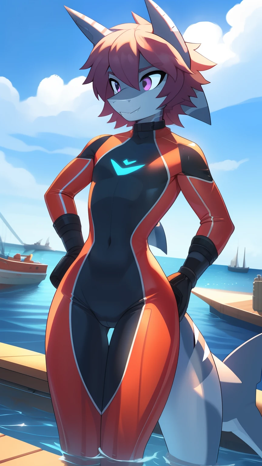 Best quality, Super detailed illustration, Warm tones, perfect lighting, perfect detail, (anthro shark boy:1.4), feminine body, disheveled thick hair, dressed in a diving suit, Tricky glance, against the background of the harbor ,femboy ,small waist, wide hips, slim, perfect body, style &quot;DND&quot;