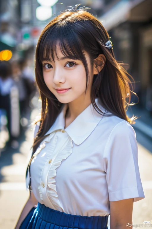 master piece,highest quality,official art,Highly detailed CG Unity 8K wallpaper,Japan Female Students, girl,very delicate and beautiful,超A high resolution,(Realistic:1.4),golden hour lighting,(platinum short hair:0.8),(puffy eyes),tear bag、looking at the viewer,facing the front,smile,(white shirt、crew 、navy blue pleated skirt:1.2),beautiful woman、Beautiful and sexy body shape、The shirt brings out long black hair,(Tokyo city:1.5), Close-up, master piece, best quality, RAW photography, Realistic, (Japanese idol-like cute face:1.2), incredibly absurd solution, Buatigal, Depth of the bounds written, High resolution, super detailed, small details, very detailed, highly detailed eyes and face, sharp pupils, Realisticな生徒, fix a sharp focus, cinematic lighting