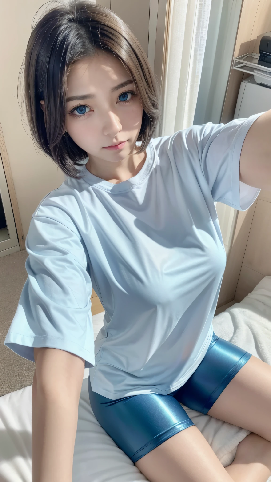 Best Quality, (ultra Realistic), (Selfie photo:1.4), (1girl, sitting, Breasts zoom shot), Droopy huge blue-eyes and Droopy light eyebrows making shine even brighter, well-defined face line and cute, accentuating her radiant white skin, oily and shiny skin, ash-gray short hair, /// BREAK ///構図
A clumsy woman with ashen hair and big, watery blue eyes struggles to untangle herself from her bedsheets in a dimly lit bedroom,
//服装
She wears an oversized white T-shirt with a black cat graphic, paired with snug black leggings and fluffy white socks,
//モデル
Her expression is a mix of frustration and exhaustion as she looks directly at the viewer.