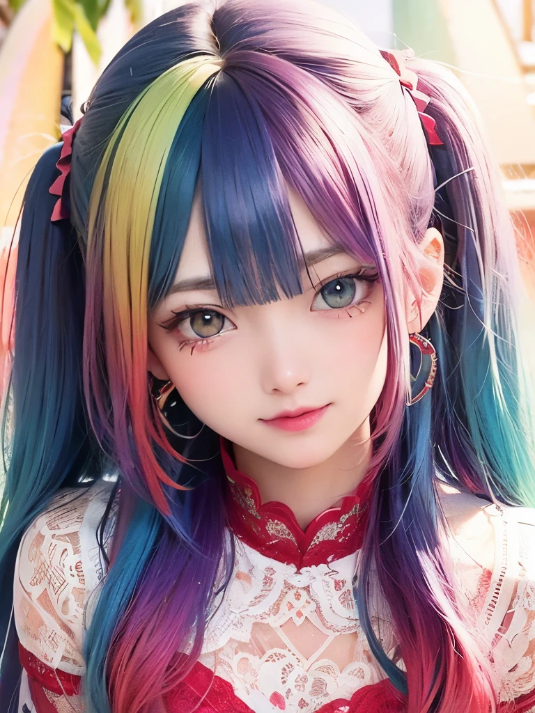 small face、 )Super detailed,bright colors, very beautiful detailed anime face and eyes, look straight,  shiny_skin,girl, (((rainbow colored hair, colorful hair, Half blue、half red hair: 1.2))), 、shiny hair, delicate beautiful face, blush、Glasses、(turquoise eyes), , Valletta, earrings,、（flower garden、sunset）、((light red、translucent、short sleeve、lace blouse))、（twin tails）、（smile、happy face、face dyed red）、cheerful pose、dynamic、Upper body