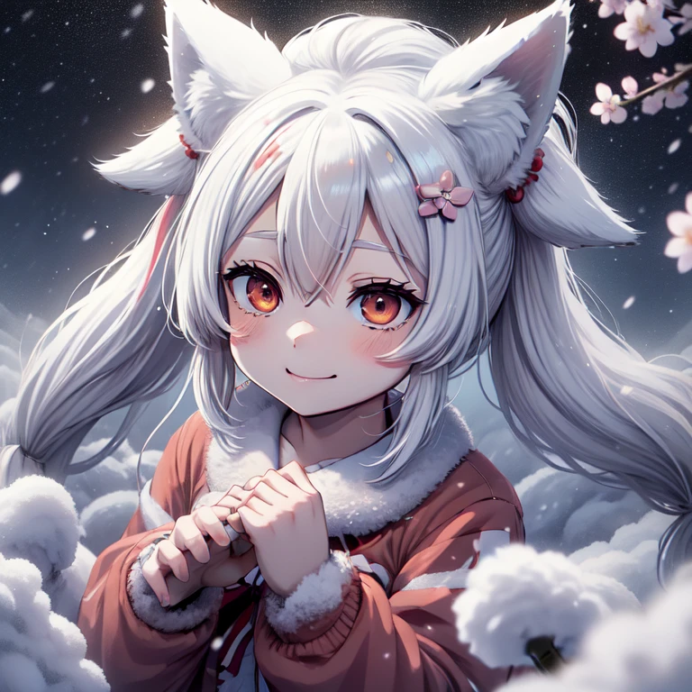 1 girl, , long hair, low twin tails, fuzzy twin tails, white hair, fox ears, animal ear fluff, Fox Eyes, cherry blossoms, spring,night, portrait, whole body，shrine，Red and white striped collar，Bell in hand，cherry blossoms吹雪，Fluffy，fox tail，smile，Raw photo，buckshot