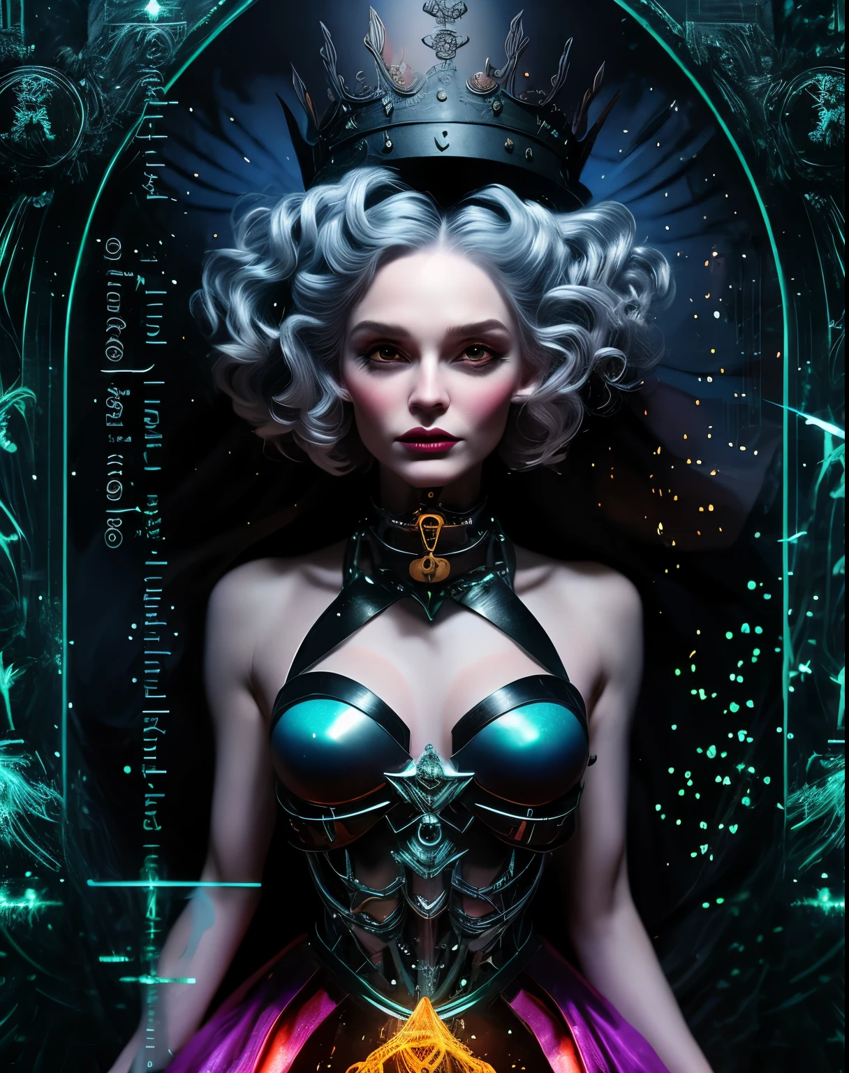 create a scene that depicts a modern-day witch who has embraced the world of cybernetics to enhance her magical abilities. The artwork should convey the enchanting blend of traditional witchcraft and futuristic technology. Here are some specific elements to include: The Witch's Lair: The setting should be a cozy yet slightly eerie room, filled with magical books, crystal balls, potion ingredients, and antique furnishings. The room should be dimly lit by candles and a soft, mystical glow emanating from her cybernetic enhancements. The Cyborg Witch: The central focus of the artwork is the witch herself. She's a striking figure with a mix of traditional witch attire and cybernetic enhancements. Her clothing should have a witchy, occult aesthetic, with flowing robes, a pointed hat, and an intricate pentagram necklace. Her arms, however, have been upgraded with cybernetic components that incorporate magical symbols and glowing runes. Magical Interface: The witch is in the midst of casting a spell, with a holographic, touch-screen interface floating before her. This interface includes spell incantations, arcane symbols, and digital components, demonstrating her fusion of magic and technology. Spell Ingredients: On a nearby table, there should be a collection of spell ingredients, like herbs, potions, and magical artifacts. Some of these items may have been modified with cybernetic enhancements, blurring the line between the natural and the technological. Familiar: The witch's familiar, perhaps a cat or raven, should be present in the scene, serving as her magical companion. The familiar could also have subtle cybernetic enhancements or glowing eyes. Glowing Runes: The room should be adorned with ancient symbols and glowing runes on the walls and floor, contributing to the magical atmosphere. Aetherial Lighting: Use a combination of mystical, ethereal lighting and cybernetic glows to create a captivating interplay of light and shadow. The contrast between the tradit