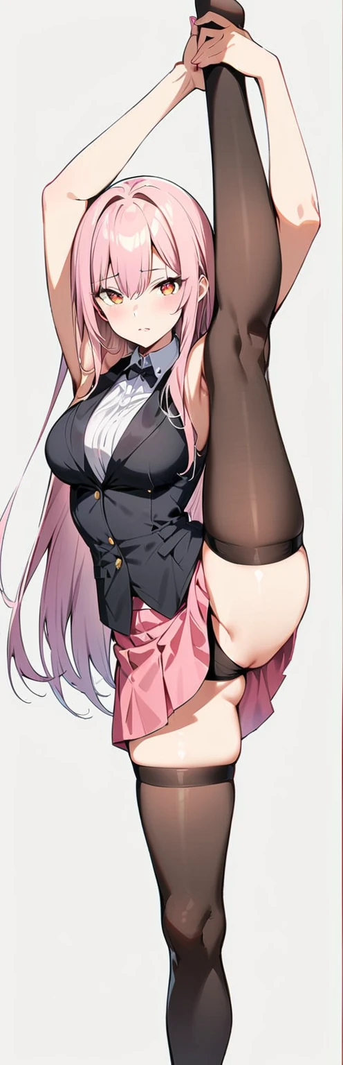 (masterpiece, highest quality:1.2), 1 girl, alone,Are standing_Split,
, long hair,black sleeveless short vest,pink skirt,black