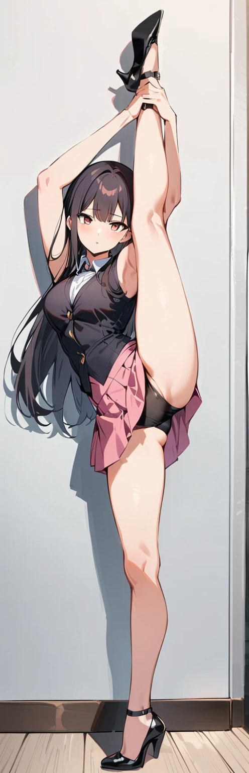 (masterpiece, highest quality:1.2), 1 girl, alone,Are standing_Split,
, long hair,black sleeveless short vest,pink skirt,black