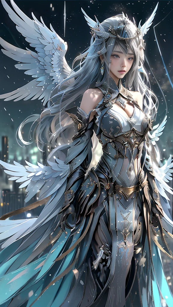 Best illustrations, realistic details and details
break
1 girl, beautiful, seductive face, detailed skin, long hair, navel, detached sleeves, bare shoulders, middle opening, cleavage, middle breast, hair clip, hair ornament, thigh height, leotard, full body, watch viewer (six-winged angel: 1.4),
break
On a rooftop overlooking futuristic cityscape, starry sky and dark environment
break
Shattering glass with fractal particle effect, volumetric fog on the horizon, levitation, emotional and powerful atmosphere, gears of machinery
break
Aerial perspective, detailed background, third law, sharp focus, depth of field
break
Kuan, NEP costume,