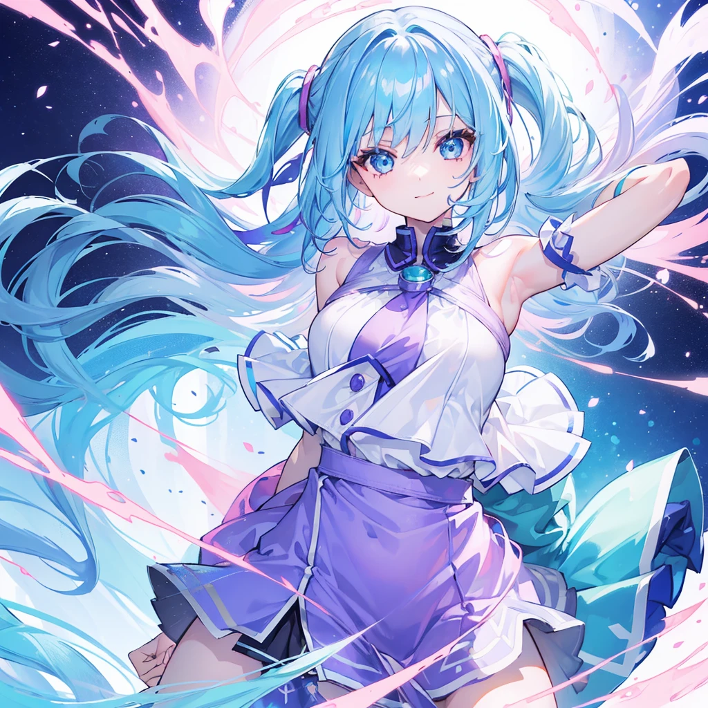 (((1 girl))), Colorful light blue hair strokes, shiny hair、pink and purple inner color、shortcut、light blue eyes, cute clothes、(((((arms behind body)))))、look back、 smile、lots of details, Medium chest, look at the audience, white background