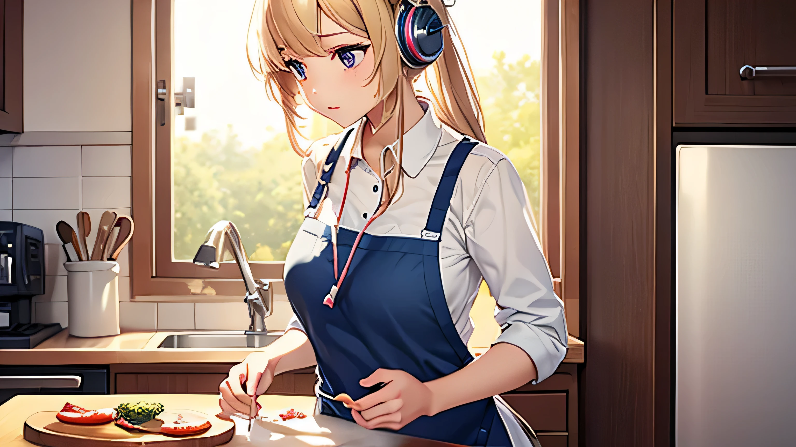 Beautiful girl cooking in the kitchen while listening to music through headphones apron