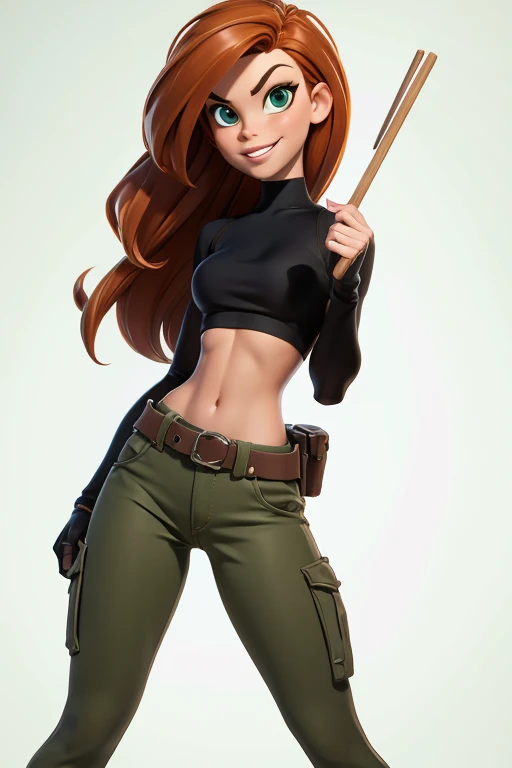 full body, Kim Possible, sexy smile, tight camo shorts, belt, green military sports bra, fit, beautiful, masterpiece, best quality, (((white background))), (8k,masterpiece, top quality, best quality, beautiful and aesthetic:1.2), (super model, super idol, perfect face, beautiful face, beautiful hair, beautiful eyes, happy, blank background, holding sign that says Thank you 500 Watchers