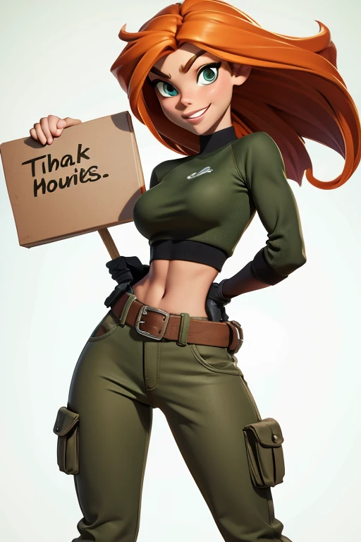 full body, Kim Possible, sexy smile, tight camo shorts, belt, green military sports bra, fit, beautiful, masterpiece, best quality, (((white background))), (8k,masterpiece, top quality, best quality, beautiful and aesthetic:1.2), (super model, super idol, perfect face, beautiful face, beautiful hair, beautiful eyes, happy, blank background, holding sign that says Thank you 500 Watchers