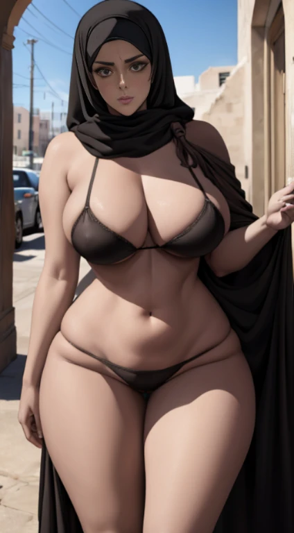 big sized breast, cleavage, MILF, thigh legs, Long black hair, hair over shoulder,  brown eyes, wearing hijab and head scarf, perfect curvy shaped body, body completely covered with hijab,ultra realistic squinting sexy eyes, wearing burka, massive sized breast, standing, thigh legs, brown colour eyes, ultra realistic detailed shiny brown eyes, beautiful and perfect face, sunlight and arab architecture background, black hair, bright brown colour eyes