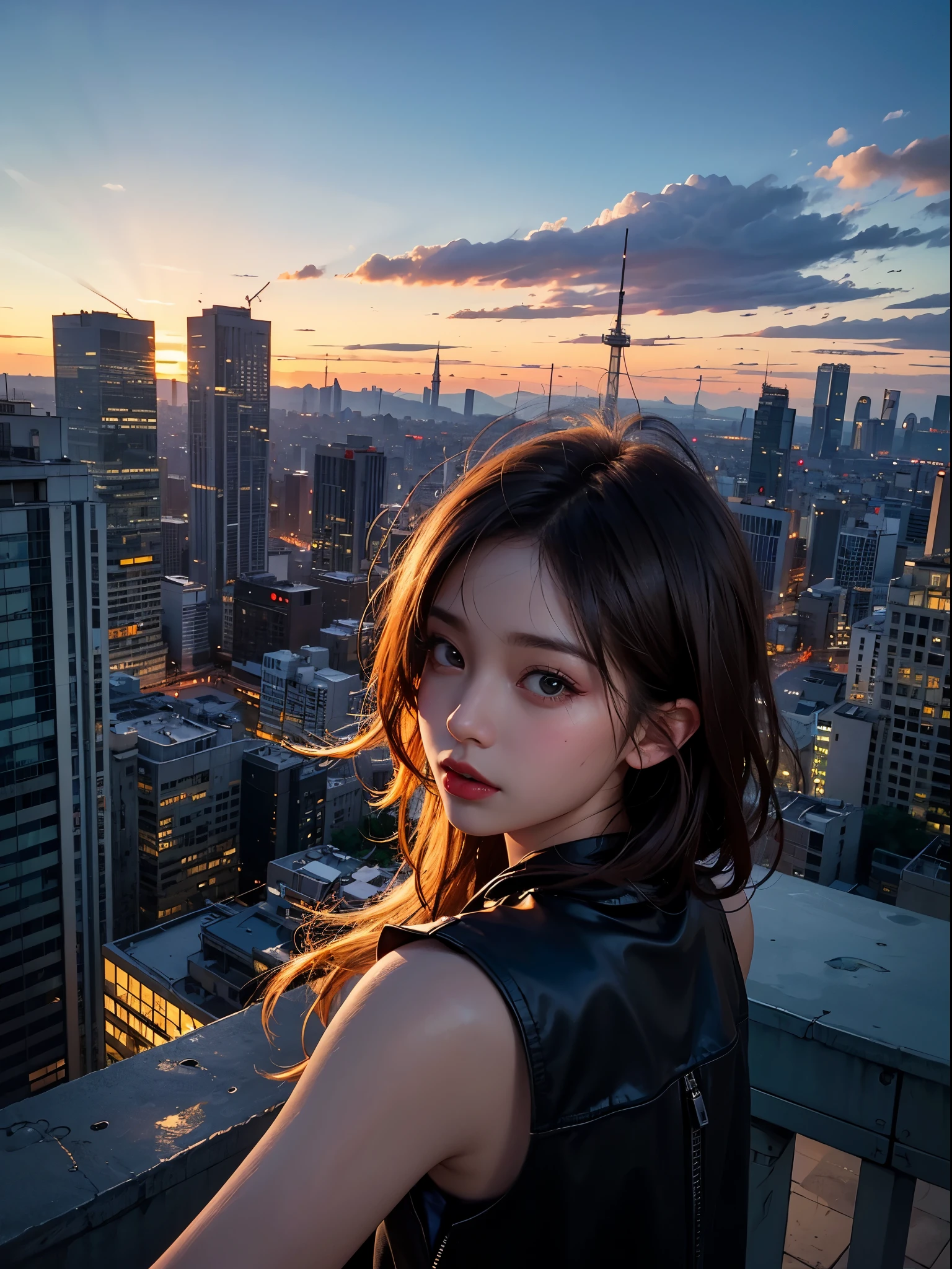 1 punk girl, fish eyes, Self snap, Wind, messy hair, sunset, cityscape, (aesthetics and atmosphere:1.2)