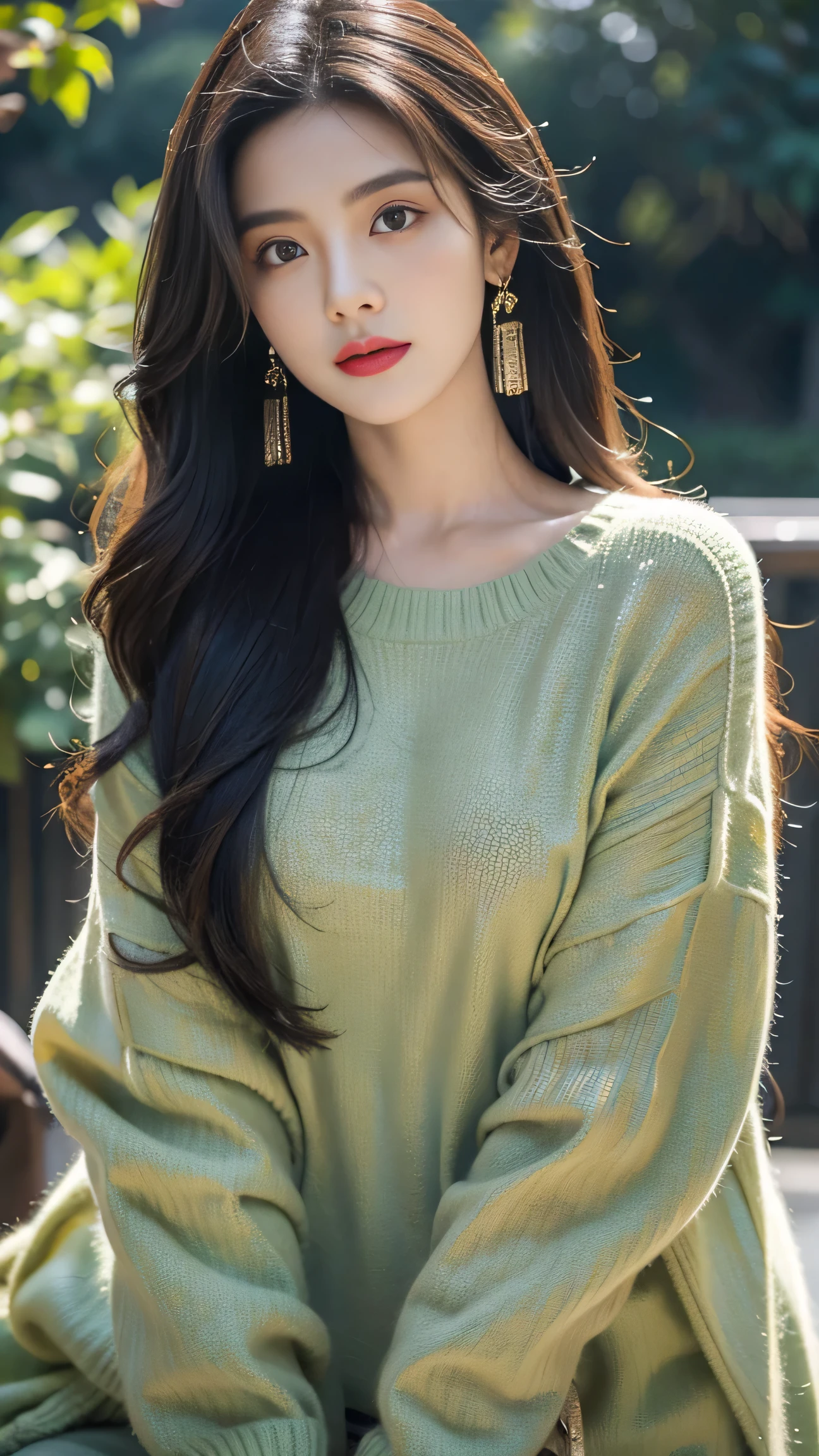 a woman with long hair wearing a green sweater and earrings, ruan jia beautiful!, beautiful south korean woman, gorgeous chinese model, inspired by Huang Ji, beautiful young korean woman, lovely woman, gorgeous young korean woman, chinese style, asian girl with long hair, dilraba dilmurat, xision wu, chinese girl, by Ni Tian, tiffany style