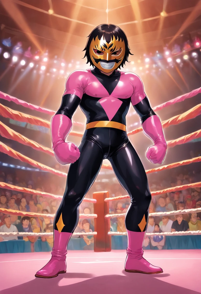 a young hispanic wrestler with a wrestling mask that only shows his eyes, su torso al descubierto, long black latex wrestling pants with pink designs, posa con confianza en el ring.