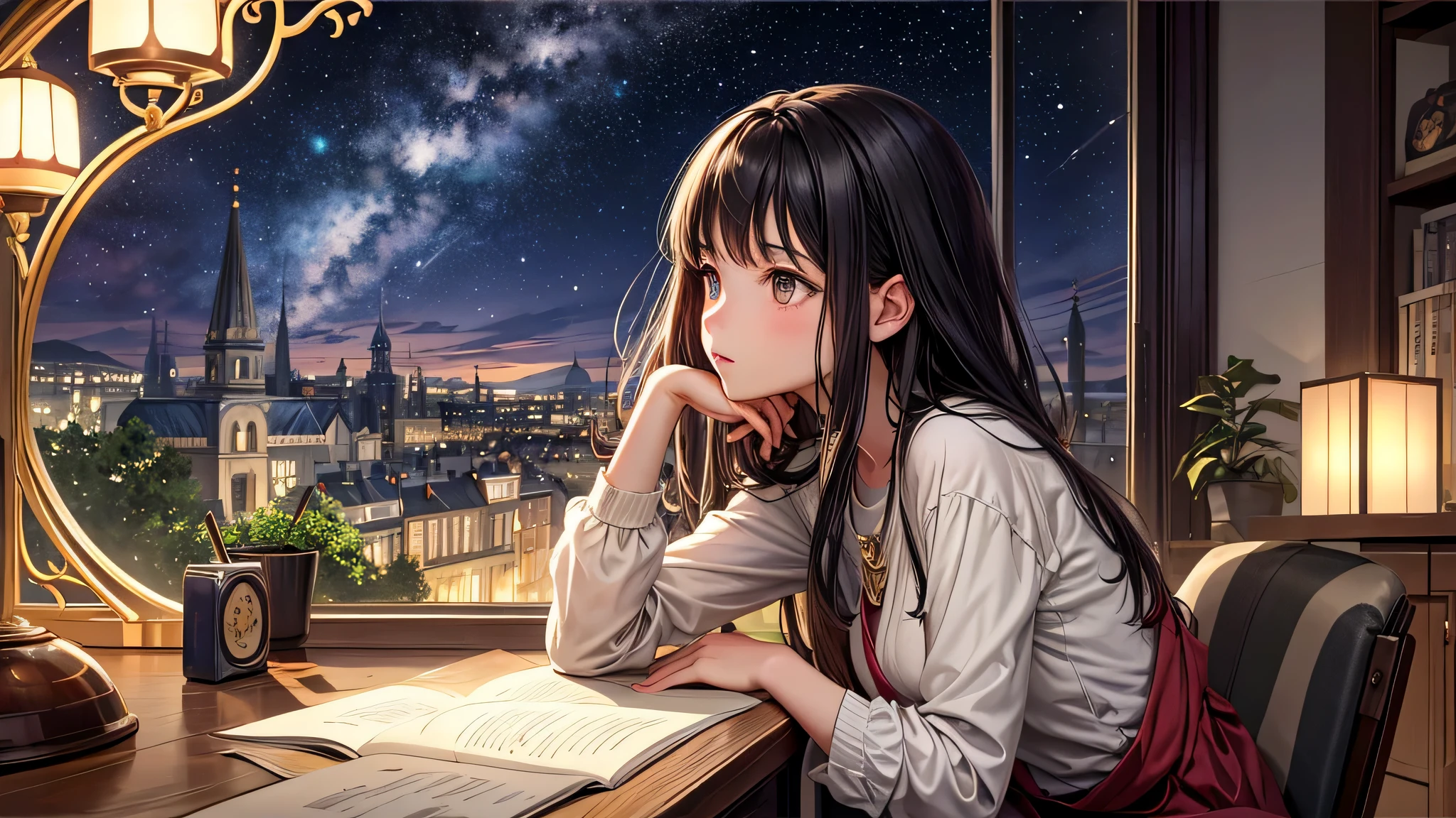 Singular light, alone, woman, cosmic, fantsy, looking away:1.4, adult, busty, Ghibli-like design, living room, sitting, dark hair, studying, face seen from the side, Completely sideways,landscape orientation, side view, bar