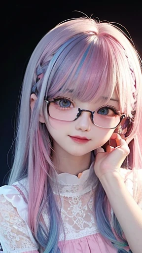 small face、 (alone:1.5,)Super detailed,bright colors, very beautiful detailed anime face and eyes, look straight, shiny_skin,girl, (((rainbow colored hair, colorful hair, Half blue、half pink hair: 1.2))), 、shiny hair, delicate beautiful face, blush、Glasses、(turquoise eyes), , Valletta, earrings,、flower garden、sunset、(((Stylish lace mini skirt,Translucent shirt)))、(twin tails)、smile、happy face、face dyed red、cheerful pose、dynamic、Head to toe full body portrait、(I can see the whole body)