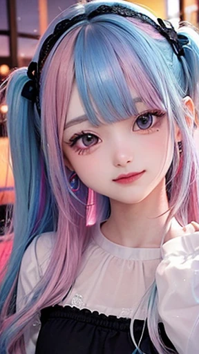 small face、 (alone:1.5,)Super detailed,bright colors, very beautiful detailed anime face and eyes, look straight, shiny_skin,girl, (((rainbow colored hair, colorful hair, Half blue、half pink hair: 1.2))), 、shiny hair, delicate beautiful face, blush、Glasses、(turquoise eyes), , Valletta, earrings,、flower garden、sunset、(((Stylish lace mini skirt,Translucent shirt)))、(twin tails)、smile、happy face、face dyed red、cheerful pose、dynamic、Head to toe full body portrait、(I can see the whole body)