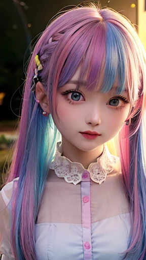 small face、 (alone:1.5,)Super detailed,bright colors, very beautiful detailed anime face and eyes, look straight, shiny_skin,girl, (((rainbow colored hair, colorful hair, Half blue、half pink hair: 1.2))), 、shiny hair, delicate beautiful face, blush、Glasses、(turquoise eyes), , Valletta, earrings,、flower garden、sunset、(((Stylish lace mini skirt,Translucent shirt)))、(twin tails)、smile、happy face、face dyed red、cheerful pose、dynamic、Head to toe full body portrait、(I can see the whole body)