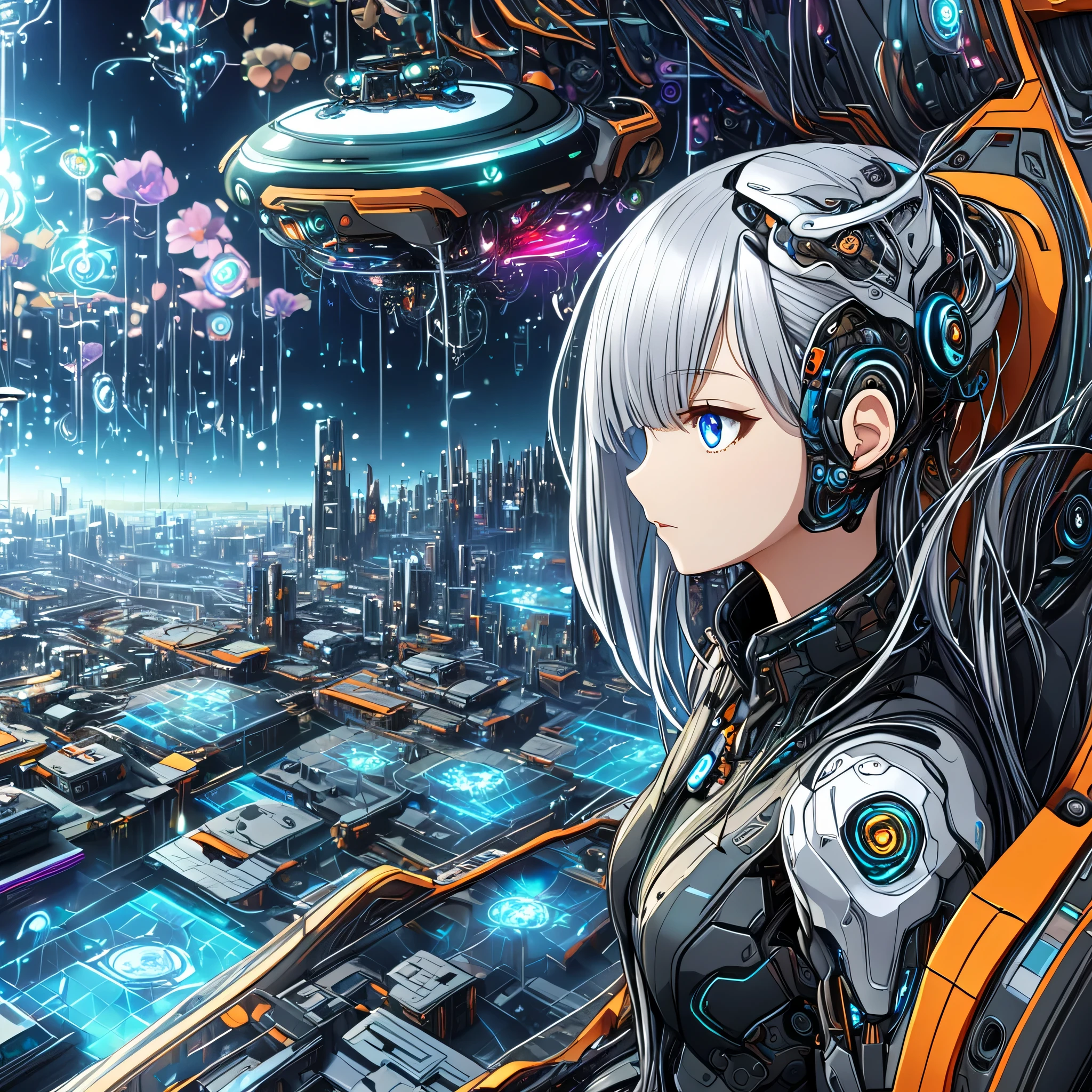 (highest quality、masterpiece、High resolution、detailed)、{(very beautiful girl:1.5),(Cyberpunk attire:1.5)}、web,Sdxl,robot、、(Virtual space:1.3),、artificial intelligence（AI）、(Japan in a new era:1.4)、(drone),VR,AR,clone,biotechnology,
(Smart)・(Flying Car:1.2),((Symbiosis between humans and machines)),（cyborg）, colorful、blue eyes、silver hair、detailed face、Detailed Body、(beautiful anime)、Highly detailed natural scenery、 8k resolution  、dynamic angle、anime style