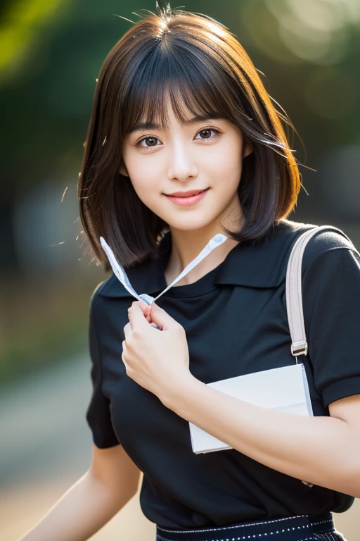 master piece，highest quality，official art，Highly detailed CG Unity 8K wallpaper，Japan Female Students，18 year old girl，very delicate and beautiful，超A high resolution，（Realistic：1.4），golden hour lighting，(platinum short hair：0.8），（puffy eyes），tear bag、looking at the viewer，facing the front，smile，(black shirt、crew 、navy blue pleated skirt:1.2)，beautiful woman、Beautiful and sexy body shape、The shirt brings out long black hair，（european castle:1.5）， Close-up， master piece， best quality， RAW photography， Realistic， (Japanese idol-like cute face:1.2)， incredibly absurd solution， Buatigal， Depth of the bounds written， High resolution， super detailed， small details， very detailed， highly detailed eyes and face， sharp pupils， Realisticな生徒， fix a sharp focus， cinematic lighting