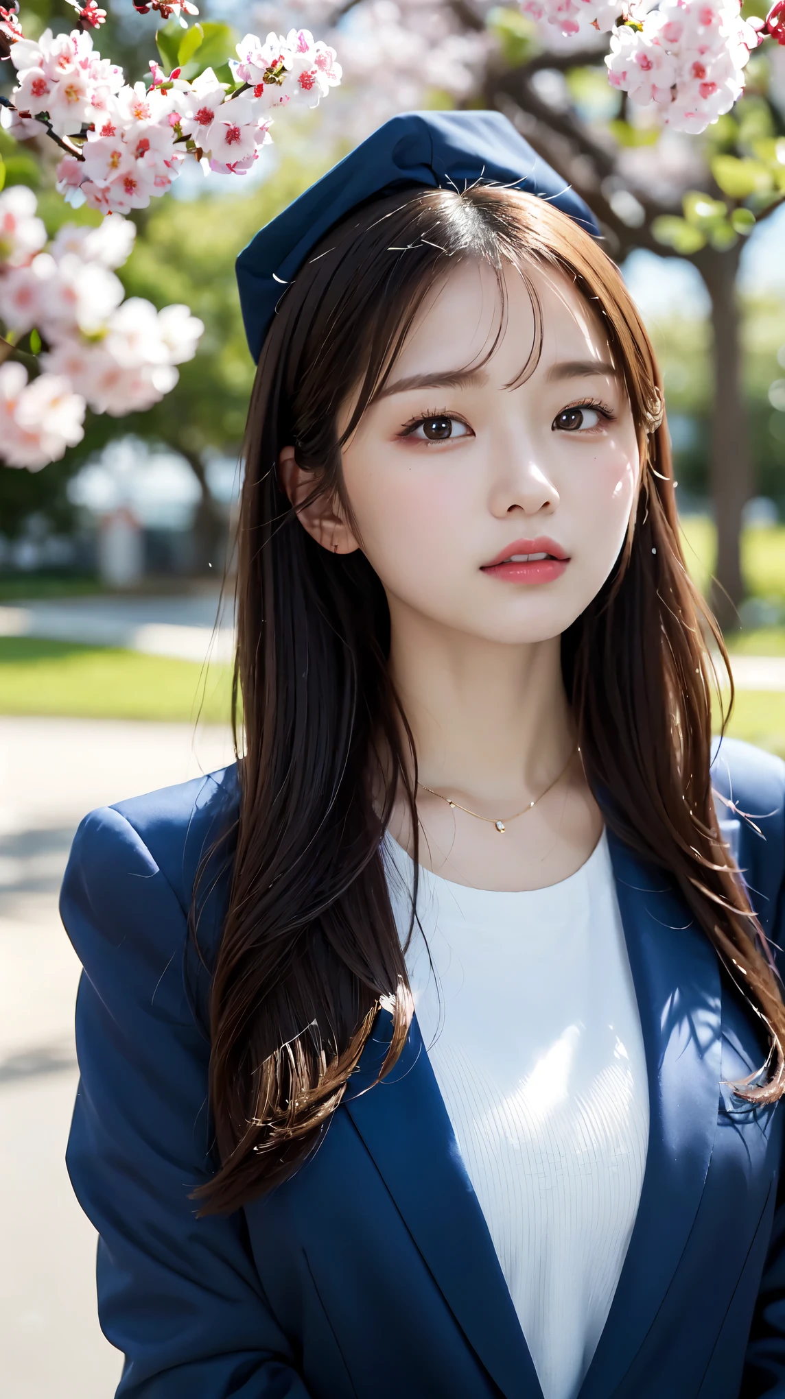 graduation ceremony、high school girl、uniform 、navy blue blazer、Cherry tree in full bloom、Cherry blossom confetti、perfect proportions、cute、((18 year old female:1.ung adorable japanese face,official art,Highly detailed CG Unity 8K wallpaper,(masterpiece:1.0),(highest quality:1.0), 超A high resolution,4k,Super detailed, photo shoot, 8K, nffsw, High resolution, kodak portrait 400, film grain, lens flare glow,高いest quality,8K,nffsw:1.2),portrait shot,8K、View viewer