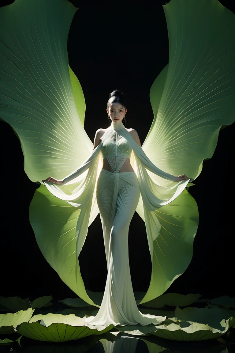 anatomically correct, Extra-long white hair,(1 girl:1.3),(lotus),yoga pants,lotus leaf fairy, BREAK Sun exposure, reverberation, Experimental photography, surreal contrast, Eye-catching visuals, Artistic abstraction, Break the art of cutting, layered silhouette, complex patterns, exquisite craftsmanship, shadow play, Depth and size, creative expression, break art, Frozen sculpture, translucent forms, short-lived beauty, Crystal structure, exquisite craftsmanship, impressive, break green eye,body glow,Glowing lines,fluorescence,glow example,Example tracking,flash,萤light particles,Backlight,Translucent,light particles