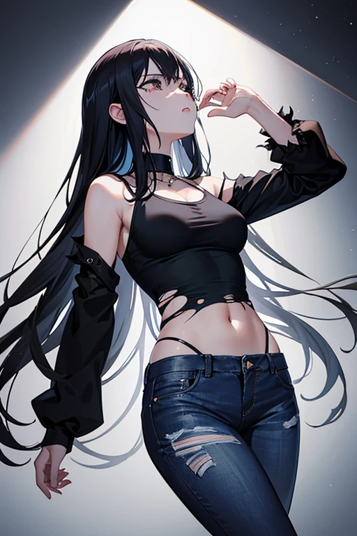 a girl with black long hair black eyes, wearing black T-shirt and blue denim shorts, wearing thigh highs, half sleeves, large breast, black eyes