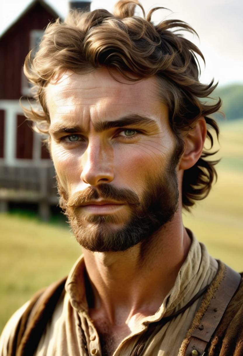 (highly detailed, soft light, detailed face, detailed skin, detailed eyes, photorealistic, dynamic light; cinematic); victorian era; 1820s; 35 years old man; French-German; 1820s Canadian fur hunter; leadership figure; strikingly handsome; confident and intensely alluring; wild man aesthetic; defined cheekbones; defined strong jawline; longer chin; handsome face; strapping; tough but romantically interested expression; masculine face with several scars; charismatic; grizzled; sensual; strong aristocratic nose; manly passionate air; very attractive; burly broad stature; broad strong shoulders; ruddy weathered skin; long stubble beard; natural light-blue eyes; thick strong chestnut-brown eyebrows; carefully-shaped 1820s sideburns; 1820's farming clothes; short tousled chestnut-brown hair in 1820's hairstyle; full firm masculine lips; standing in 1820's Red River Settlement with houses in background; sunshine shining in hair; looking at camera