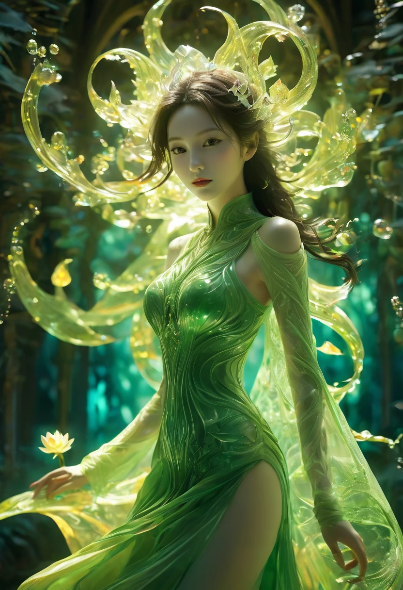 (1 girl:1.3),（lotus），hell_lady， anatomy correct，fantasy，anatomically correct，  BREAK Sun exposure, reverberation, Experimental photography, surreal contrast, Eye-catching visuals, Artistic abstraction, Break the art of cutting, layered silhouette, complex patterns, exquisite craftsmanship, shadow play, Depth and size, creative expression, break art, Frozen sculpture, translucent forms, short-lived beauty, Crystal structure, exquisite craftsmanship, impressive, break green eye,body glow，Glowing lines，fluorescence,glow example，Example tracking，flash，Fluorescent particles，Backlight，Translucent，light particles，Motion blurred，movie lighting effects，fractal background