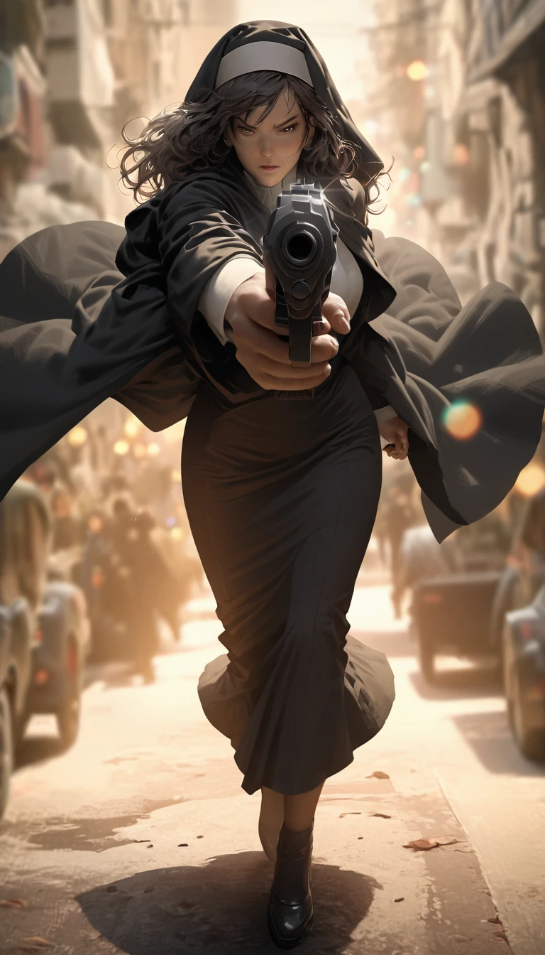 (realistic, highres, masterpiece:1.2), (full body shot:1.3), cinematic scene from a movie, nun with a gun, aiming at you wearing a black habit, shooting with determination and precision, eyes fierce and full of anger, intense and furious expression, adding a touch of film grain for a gritty feel, shallow depth of field to focus on the nun's face, creating a beautiful bokeh effect in the background, gunatyou.