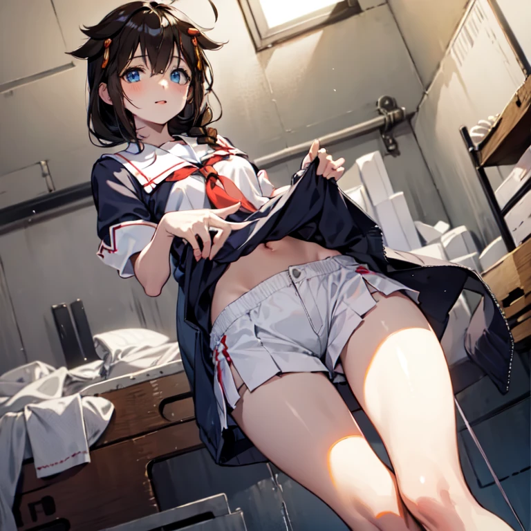 (masterpiece, best quality:1.2),illustration,8k,hd,1girl,solo,upper body,(portrait:1.2),long hair, single braid, black serafuku, black , pleated skirt, shigure, ahoge, brown hair, blue eyes, braid, hair ornament, hair over shoulder, long hair, single braid, hair flaps, black gloves, black serafuku, black shirt, black skirt, fingerless gloves, gloves, neckerchief, pleated skirt, red neckerchief, sailor collar, , serafuku, shirt, skirt, white sailor collar, gym storeroom