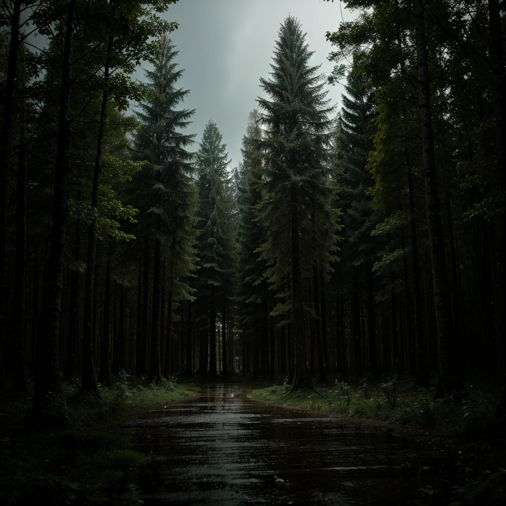 Rainy forest in night