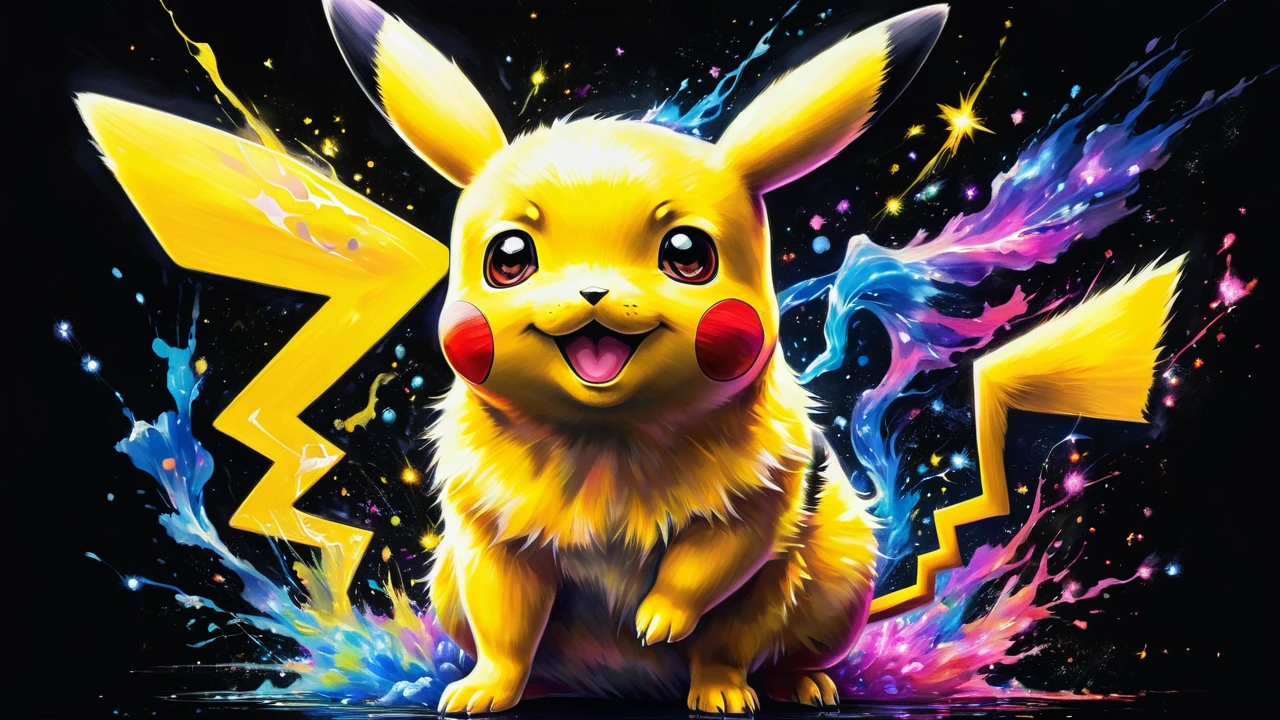 A painting of a colorful pikachu on a black background, breathtaking rendering, within a radiant connection, inspired by Kinuko Y. Artwork, magical elements, kitten icon, wow, it's beautiful, casting a multicolored spell, bright flash, shine | realistic portrait