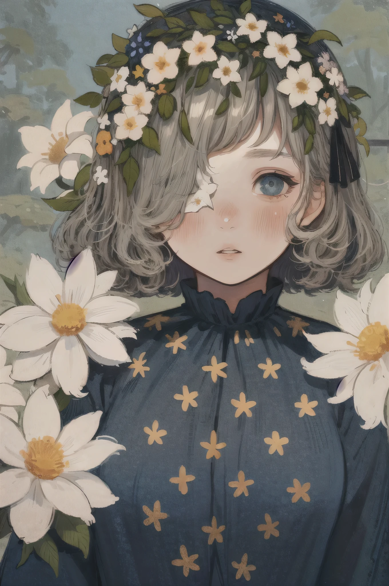 1 girl, alone, flower hair ornament、Vine-covered costume、looking at the viewer, nature background, bangs, White flower, Upper body, outdoor, star (symbol), frills, short hair, blue eyes, blush, gray hair, one eye covered, big eyeedium hair, parted lips, portrait, dresasterpiece、artistic、