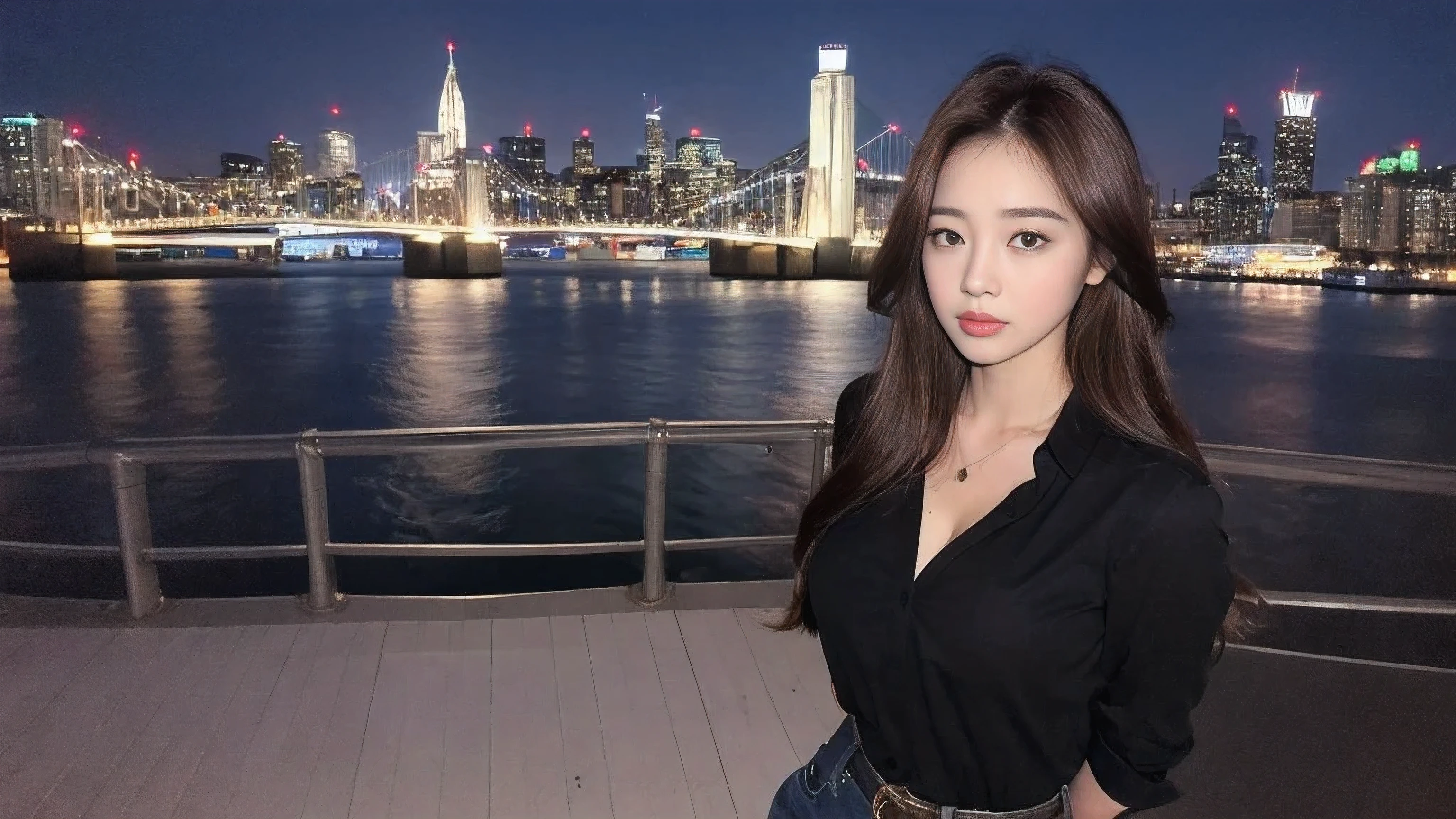 ((midnight, need, 8K, masterpiece:1.3)), whole body, long legs, focus:1.2, Beautiful woman with perfect body:1.4, slim abs:1.1, ((Dark brown hair, big breasts:1.2 )), (shirt, stand:1.2), ((city night view, on the bridge:1.3)), Highly detailed facial and skin textures, delicate eyes, double eyelids（（（Put your hands in your pockets）））