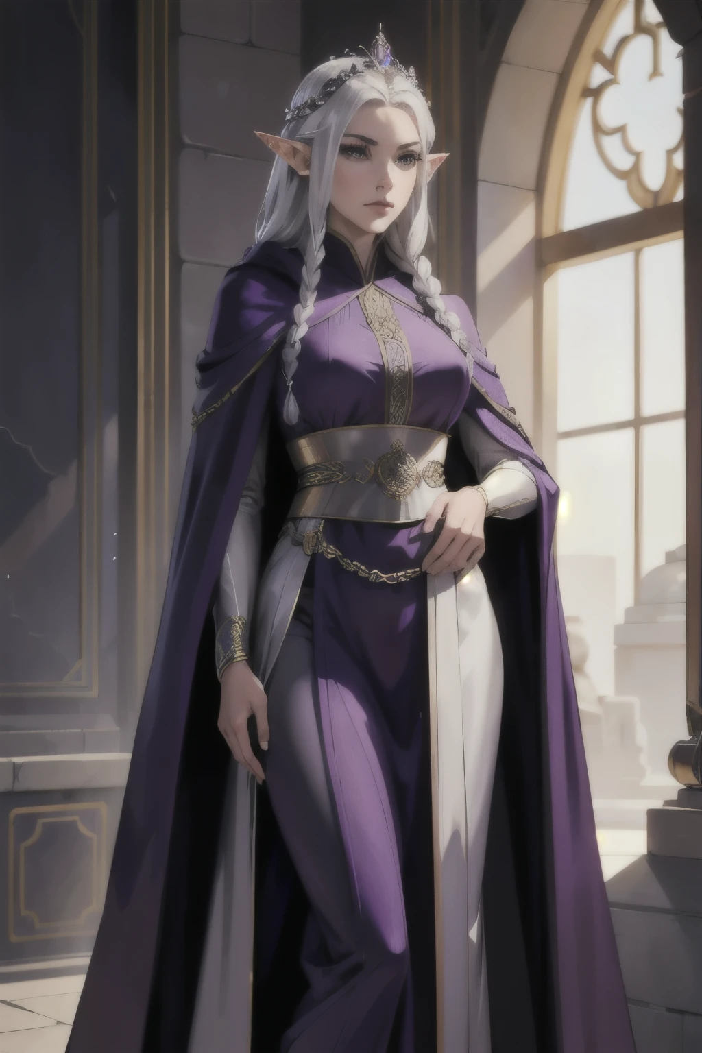 Female elf royalty, beautiful, tall, slender, confident face, with silver braided hair, noble dark purple robes, fully clothed, royal attire, confident sharp look, majestic, royalty, princess, wearing a crown, in a kings court, long robes, detailed face