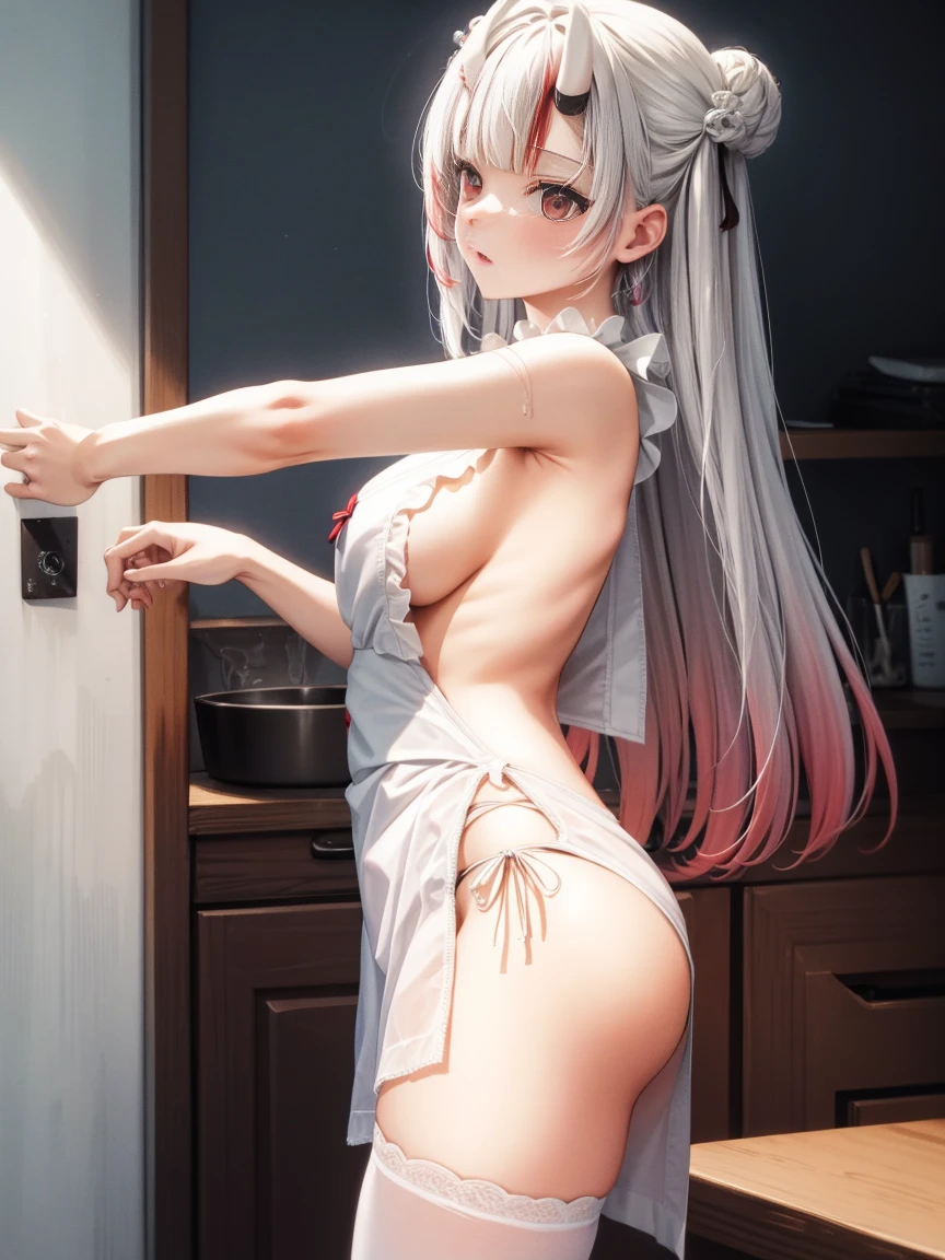 (masterpiece:1.3),(highly detailed:1.3),(highres:1.1),best quality,Ultra-detail,1girl,solo,kitchen,jelofolkwang,naked apron,((white apron)),ass,sideboob, unclear clothes , white pantie, ((perfect body)), salon,((take off pantie)), legwear ,hand pantie