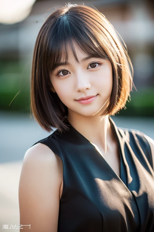 master piece，highest quality，official art，Highly detailed CG Unity 8K wallpaper，Japan Female Students，18 year old girl，very delicate and beautiful，超A high resolution，（Realistic：1.4），golden hour lighting，(platinum short hair：0.8），（puffy eyes），tear bag、looking at the viewer，facing the front，smile，(black dress)，beautiful woman、Beautiful and sexy body shape、The shirt brings out long black hair，（european castle:1.5）， Close-up， master piece， best quality， RAW photography， Realistic， (Japanese idol-like cute face:1.2)， incredibly absurd solution， Buatigal， Depth of the bounds written， High resolution， super detailed， small details， very detailed， highly detailed eyes and face， sharp pupils， Realisticな生徒， fix a sharp focus， cinematic lighting