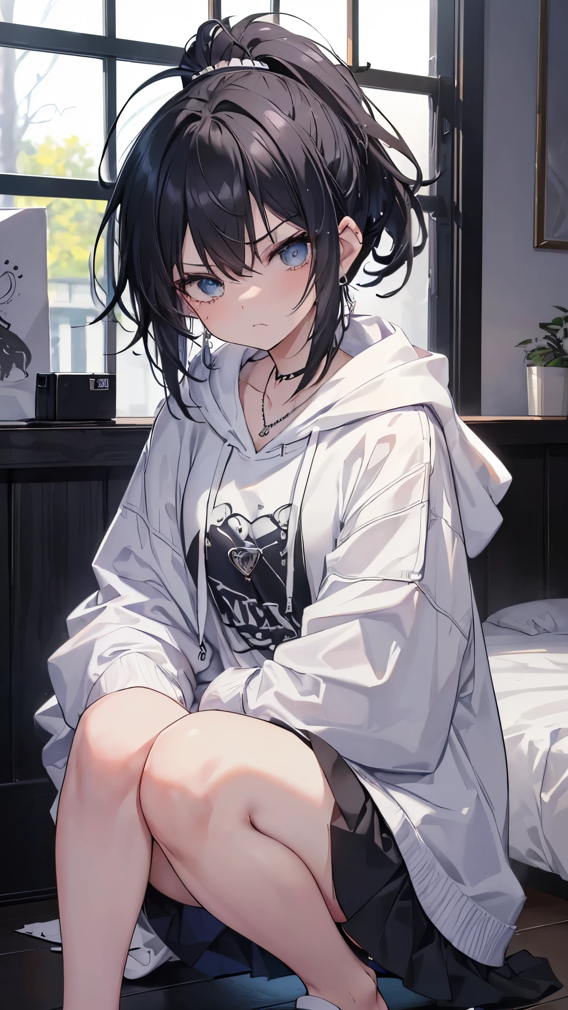 highest quality、masterpiece、8k、22 years old、至close distance、(((necklace、earrings、tear bag、mole on the corner of the eye、ponytail、white hoodie、gray mini skirt、messy hair、squat、sitting、low posture、upward glance、glare、Aggressive、angry、)))、small face、angry:1.4、glare:1.4、((very boyish:1.3、close subject、))、close distance:1.3、cool woman、((black hair、short bob、hairpin、light blue eyes、20 year old female)、one's home、living、