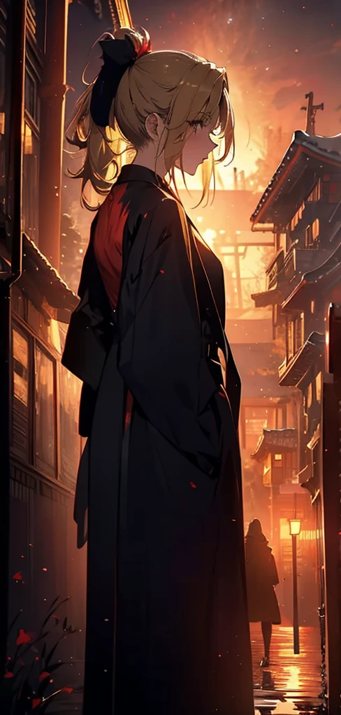 Blonde ponytail woman,long coat,Rear view,silhouette,sexy body,Red Moon,Red Starry Sky,View from the top of the hill,