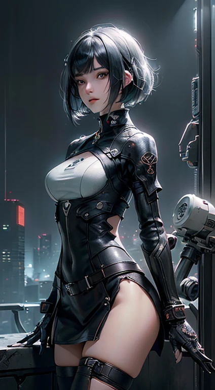 ((highest quality)), (((masterpiece)), (detailed: 1.4), 3D, Images of beautiful cyberpunk women, bob cut, torn black tights, leather clothes, Electromechanical, nffsw(high dynamic range), ray tracing, NVIDIA RTX, super resolution, unreal 5, Scattered beneath the surface, PBR texture, Post-processing, anisotropic filtering, Depth of the bounds written, maximum sharpness and sharpness, multilayer texture, Albedo map and highlight map, surface coloring, Accurate simulation of light-matter interactions, perfect proportions、octane rendering、two-tone lighting、Large Diameter、Low ISO、White balance、Rule of thirds、8K RAW、masterpiece、highest quality、(8kの非常にdetailedなCGユニットの壁紙)(highest quality)、(best illustrations)、(best shadow)