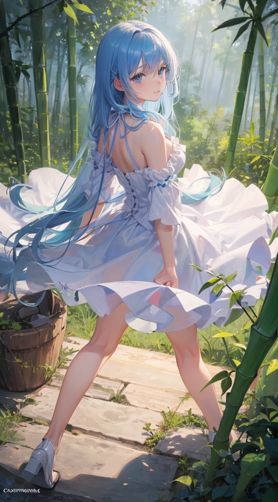 masterpiece, highest quality, official art, 8k wallpaper, very detailed, figure, art by Cornflower,and the lens flare added a nice touch,blue eyes, sky blue hair, long hair, fine eyes, Forest Fun, bare shoulders, Pure, soft smile, bamboo, Sweet Focus