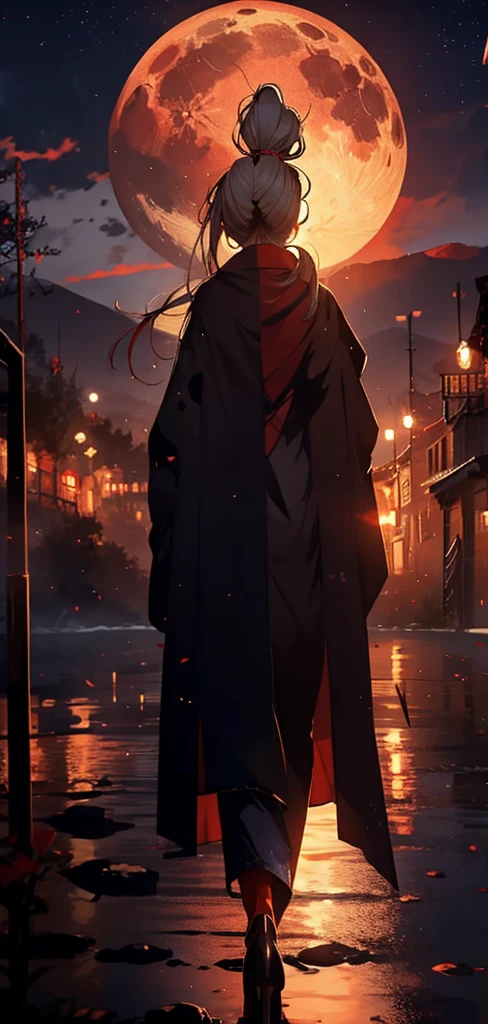 Blonde ponytail woman,long coat,Rear view,silhouette,sexy body,Red Moon,Red Starry Sky,View of the town from the mountainside,