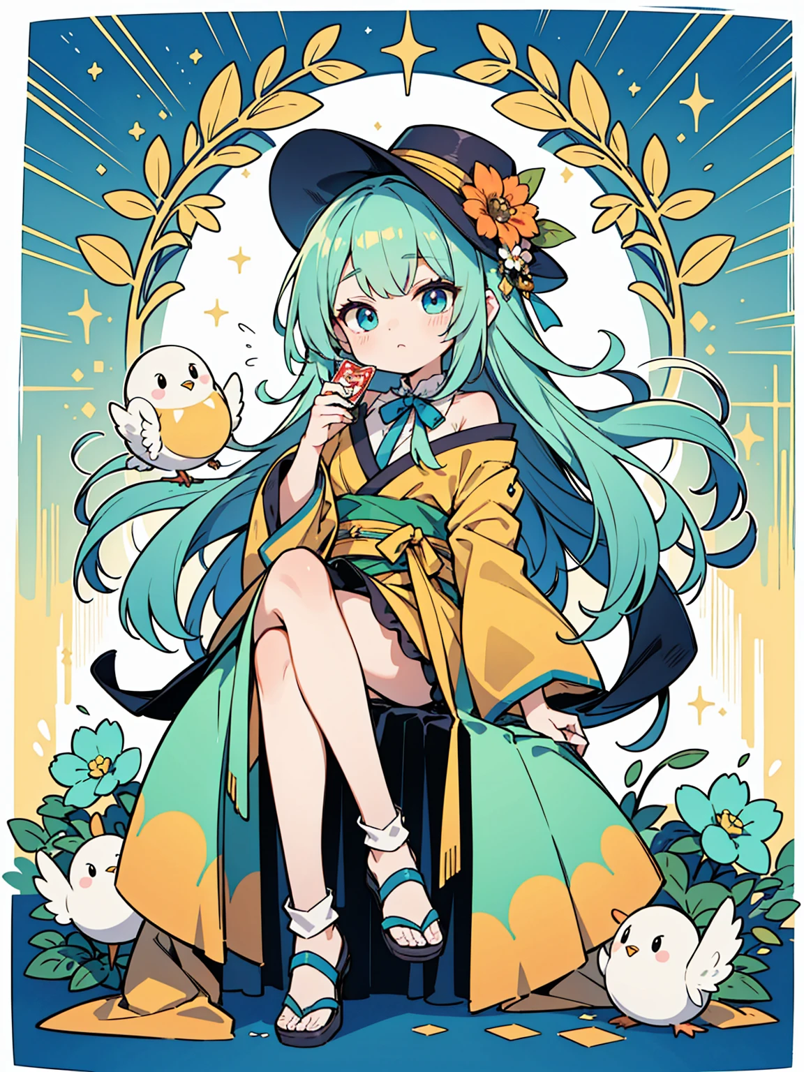 a stylized, vibrant character that appears to be from a card-based game or an anime series. The character has a youthful, whimsical appearance with big, expressive blue eyes and short, straight light blue hair with a flower hairpiece tucked into the left side. The hairpiece features a large red flower with green leaves. The character's attire is an eclectic mix of fantasy and traditional Japanese elements, with a predominance of green. They wear a green hat that matches their outfit, along with a blue and green ribbon bow tied around the neck. The clothing includes a green top with fringes at the bottom and what appears to be a long, flowing, golden sash or ribbon that cascades down from the waist. The sleeves are long and detached from the main outfit, exposing the shoulders, and have a similar fringe decoration at the ends. In the character's lap sits a plush toy, which resembles a yellow, chubby bird with big round eyes and a small orange beak. The character's legs are crossed, and they're wearing brown sandals with blue straps, which are secured over white, ankle-high tabi socks. The background is elaborate, featuring a hexagonal purple border with intricate designs, as well as flames, possibly indicating a magical or energetic essence. Surrounding the character are floating playing cards, suggesting themes of magic or fantasy. The overall feel of the image is vibrant, playful, and rich with pattern and color.