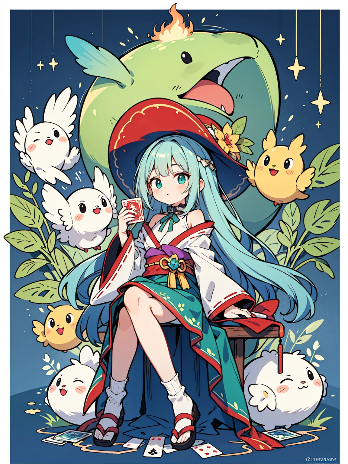 a stylized, vibrant character that appears to be from a card-based game or an anime series. The character has a youthful, whimsical appearance with big, expressive blue eyes and short, straight light blue hair with a flower hairpiece tucked into the left side. The hairpiece features a large red flower with green leaves. The character's attire is an eclectic mix of fantasy and traditional Japanese elements, with a predominance of green. They wear a green hat that matches their outfit, along with a blue and green ribbon bow tied around the neck. The clothing includes a green top with fringes at the bottom and what appears to be a long, flowing, golden sash or ribbon that cascades down from the waist. The sleeves are long and detached from the main outfit, exposing the shoulders, and have a similar fringe decoration at the ends. In the character's lap sits a plush toy, which resembles a yellow, chubby bird with big round eyes and a small orange beak. The character's legs are crossed, and they're wearing brown sandals with blue straps, which are secured over white, ankle-high tabi socks. The background is elaborate, featuring a hexagonal purple border with intricate designs, as well as flames, possibly indicating a magical or energetic essence. Surrounding the character are floating playing cards, suggesting themes of magic or fantasy. The overall feel of the image is vibrant, playful, and rich with pattern and color.