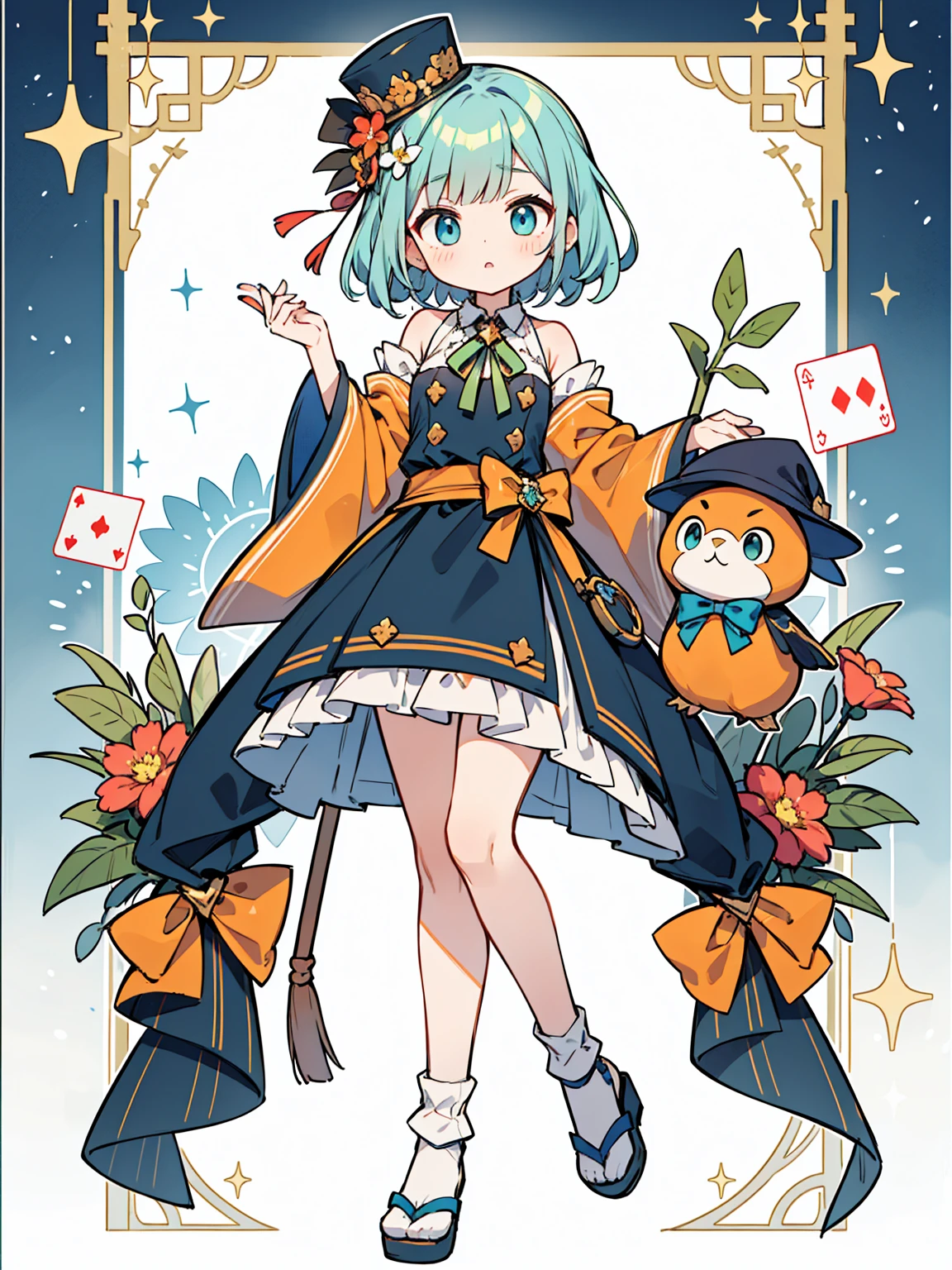a stylized, vibrant character that appears to be from a card-based game or an anime series. The character has a youthful, whimsical appearance with big, expressive blue eyes and short, straight light blue hair with a flower hairpiece tucked into the left side. The hairpiece features a large red flower with green leaves. The character's attire is an eclectic mix of fantasy and traditional Japanese elements, with a predominance of green. They wear a green hat that matches their outfit, along with a blue and green ribbon bow tied around the neck. The clothing includes a green top with fringes at the bottom and what appears to be a long, flowing, golden sash or ribbon that cascades down from the waist. The sleeves are long and detached from the main outfit, exposing the shoulders, and have a similar fringe decoration at the ends. In the character's lap sits a plush toy, which resembles a yellow, chubby bird with big round eyes and a small orange beak. The character's legs are crossed, and they're wearing brown sandals with blue straps, which are secured over white, ankle-high tabi socks. The background is elaborate, featuring a hexagonal purple border with intricate designs, as well as flames, possibly indicating a magical or energetic essence. Surrounding the character are floating playing cards, suggesting themes of magic or fantasy. The overall feel of the image is vibrant, playful, and rich with pattern and color.