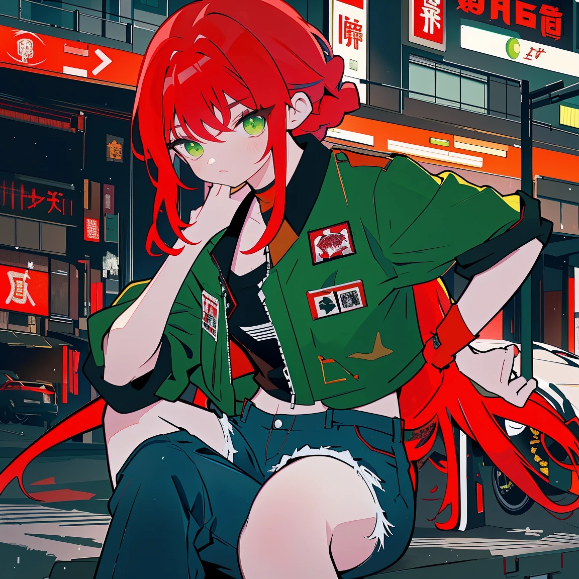 tiro de corpo inteiro, Asian woman Irina Shidou red hair with braids green eyes, em uma cidade cyberpunk, vestindo uma jaqueta bomber e um top curto e shorts jeans, ao lado de um Nissan GT-R, Tiro frontal, obra de arte, altamente detalhado