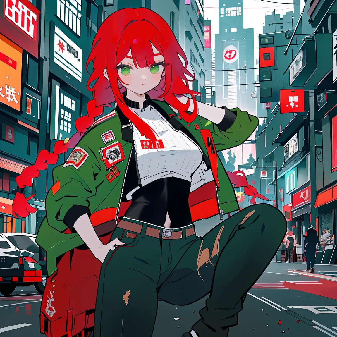 tiro de corpo inteiro, Asian woman Irina Shidou red hair with braids green eyes, em uma cidade cyberpunk, vestindo uma jaqueta bomber e um top curto e shorts jeans, ao lado de um Nissan GT-R, Tiro frontal, obra de arte, altamente detalhado